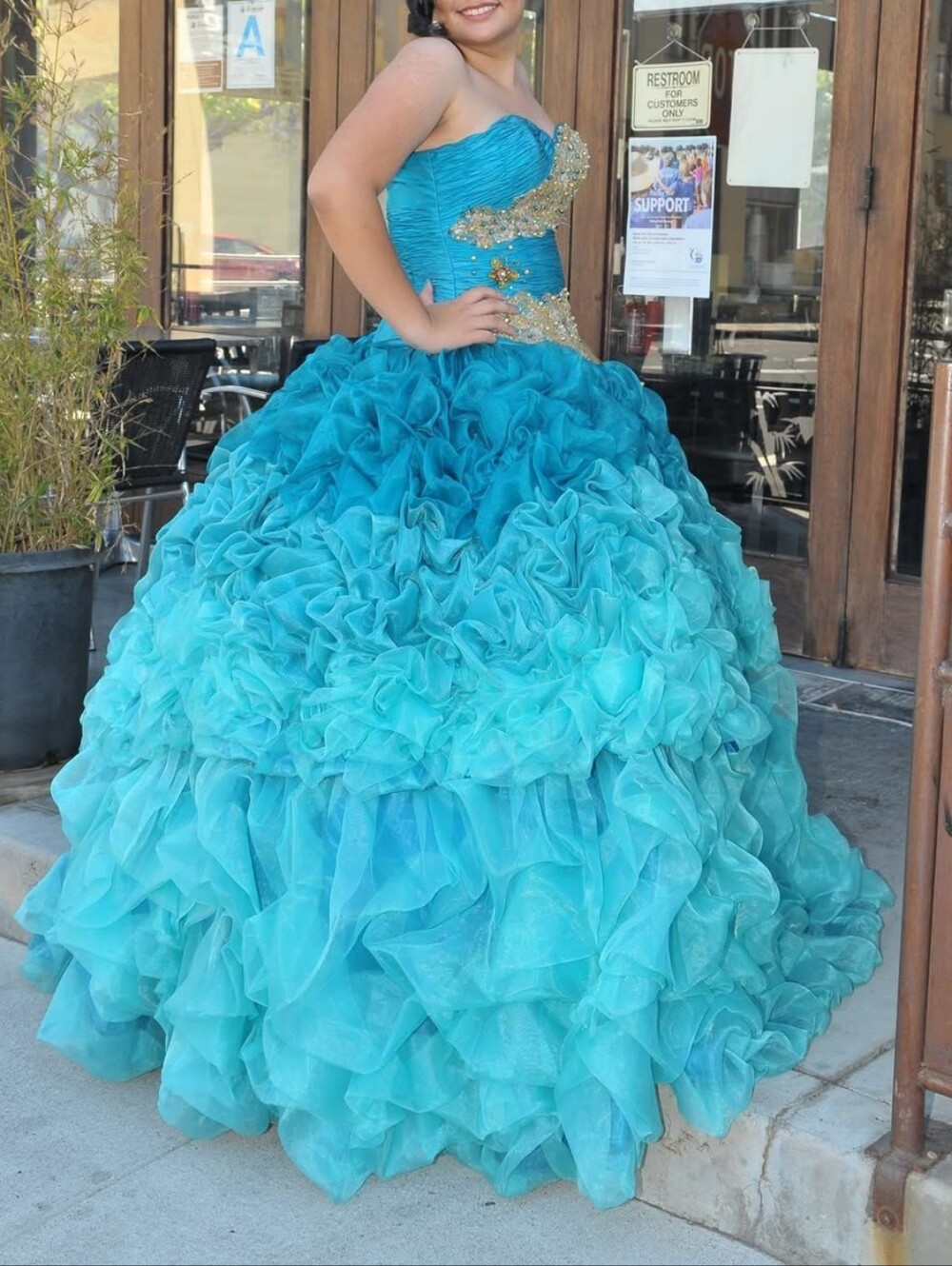 Turquoise Quinceañera Dress Ruffled Ball Gown with Gold Embellishment